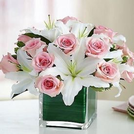 Lilies and Roses with Square vase