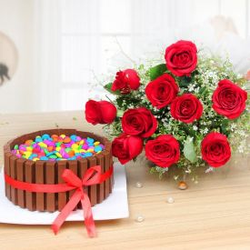 A bunch of roses with Kit Kat cake.