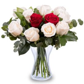 White and red roses in vase