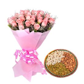 Bunch of 10 pink roses and 1/2 kg mixed dry fruits