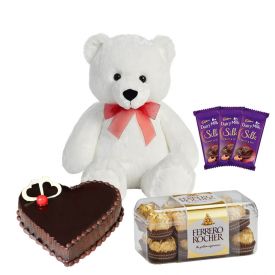 1kg chcocolate truffle cake with 6inch teddy with 3 dairy milk silk chcocolates and 16 pieces of fer