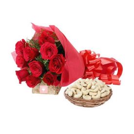 Bunch of 10 red roses and 1 kg cashew with basket