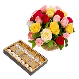 Basket of 20 Yellow and Red Roses with 1/2 Kg Mixed Sweets.