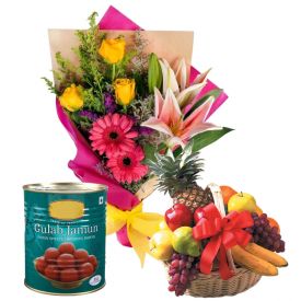 20 Mixed Flowers,2 Kg Mixed Fruits and 1 Kg Gulab Jamun