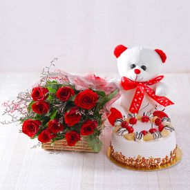 Rose with cake and soft toy