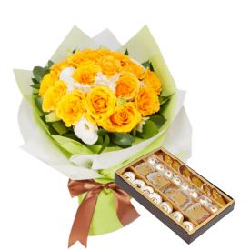 Yellow Roses with Mixed Sweets.