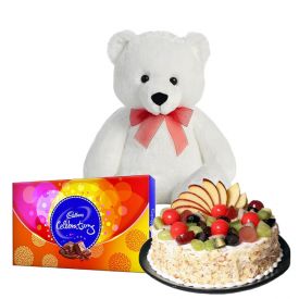 1kg fruit cake with 6inch teddy bear and 1 cadbury celebrations.