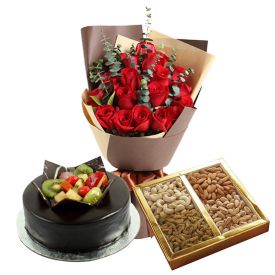 20 Red Roses, 1 Kg Mixed Dry fruits and 1 Kg chocolate fruits cake