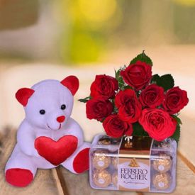 Red Roses, Teddy Bear and Ferrero Rocher