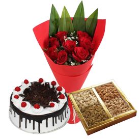 10 Red Roses, 1 Kg Dry fruits and 1 Kg Black Forest cake