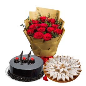 15 Red Roses, 1/2 Kg chocolate cake , 1/2 Kg Kaju Katli