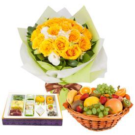 12 Yellow Roses with 1 Kg Mixed Sweets and 2 kg Mixed Fruits