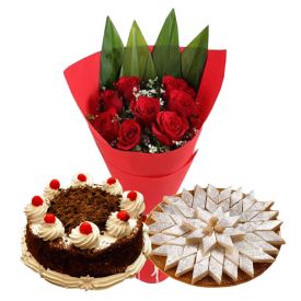 10 Red Roses, 1 Kg Black forest cake and 1 Kg Kaju Katli
