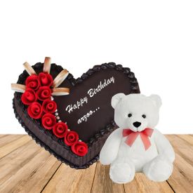 1 kg chcolate heart shape cake with exotic fruits topping with 3 deet height teddybear