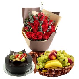 Bunch of 20 Red Roses and 3 kg fruits in Basket and 1 kg chocolate fruit cake
