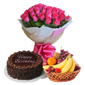 Red Roses with cake and fruits