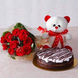 10 Pink Roses, 1/2 chocolate Cake with small teddy