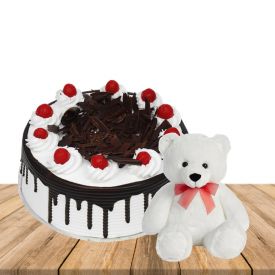 1 kg blackforest cake with 1 feet height white colour teddybear