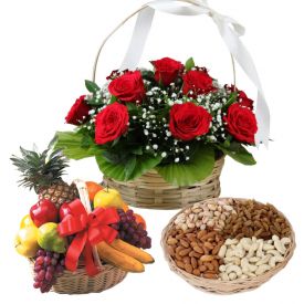 1/2 kg dry frits, 20 red roses basket and 2kg mixed fruits.
