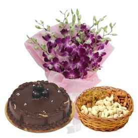 a bunch of 10 purple orchids, 1 kg ,dry fruits and 1/2 kg chocolate cake.