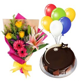 Half Kg Chocolate Cake,6pcs Balloons and 12 Mixed Flowers