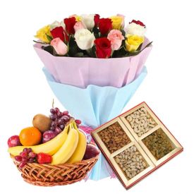 12 Mixed Roses,2 Kg Mixed Fruits and 1/2 Kg Dry fruits