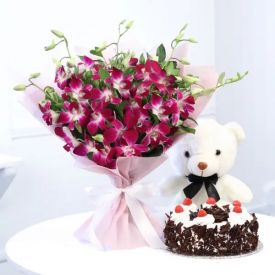 Purple orchids, chocolate cake and Teddy