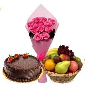 12 Pink Flowers with 1/2 Kg Chocolate Cake and 3 Kg mixed Fruits