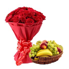 Pink Roses With Mixed Fruits with Basket
