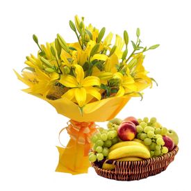 Mixed lilies With Mixed Fruits with basket.
