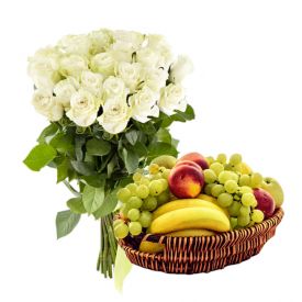 10 White Roses and 2 Kg Mixed Fruits with Basket.
