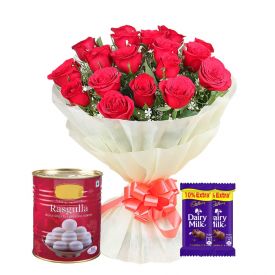 Red Roses With 1 Kg Rasgulla and Cadbury Dairy Milks