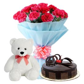 A bunch of 20 pink carnation 1 kg chocolate cake and (6-inch-white teddy bear)