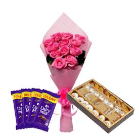 12 Pink Rose With 1/2 kg Mixed Sweets and 4 Cadbury Dairy Milk Chocolates