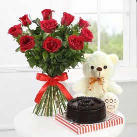 Bunch of 10 Red Roses, 1/2 chocolate Truffle Cake with small teddy