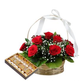 Basket of 15 Red Roses with 1 Kg Mixed Sweets