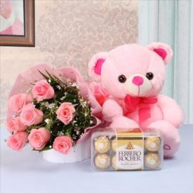 18 Red Roses with Teddy & 16 Pcs Ferrero Rocher
