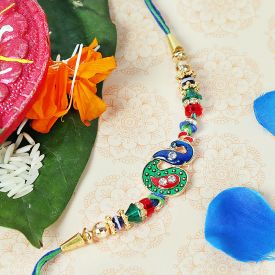 Chain Rakhi with green red & white stones