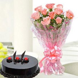 Bunch of Pink Roses With Truffle Cake