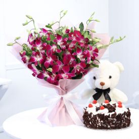 6 Orchids and 1/2 kg Chocolate cake with Teddy