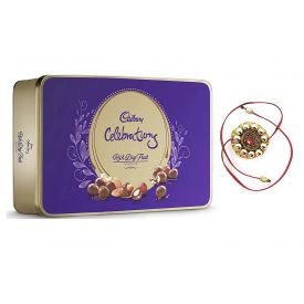 Chocolate box, a personalised photo mug, a traditional rakhi, roli chawal and greeting card