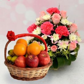 10 Red and Yellow Roses and 2 Kg Mixed Fruits with Basket.
