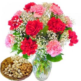 Bunch 12 red and pink carnation with vase and 1/2 kg mixed dry fruit