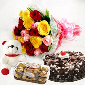 A bunch of 10 mixed roses, 1 kg black forest cake and 16 pcs ferrero rocher