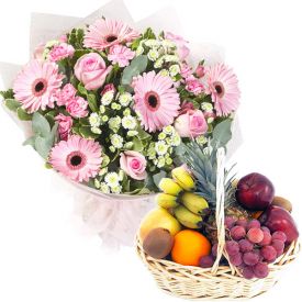 Pink Carnation and Mixed Fruits with Basket.