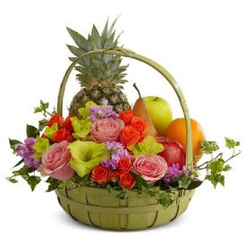 10 Mixed Carnation with Vase and 2 Kg Mixed Fruits with Basket.