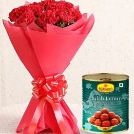 Red Carnation with Haldiram Rasgulla Sweets
