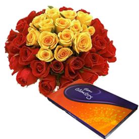 bunches of 20 mixed roses with cadbury celebration