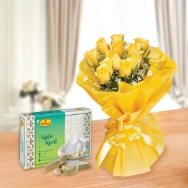 Bunch of 10 Yellow Roses with 500 gm Soan Papdi Box