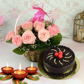 Cake, Flowers With Diya